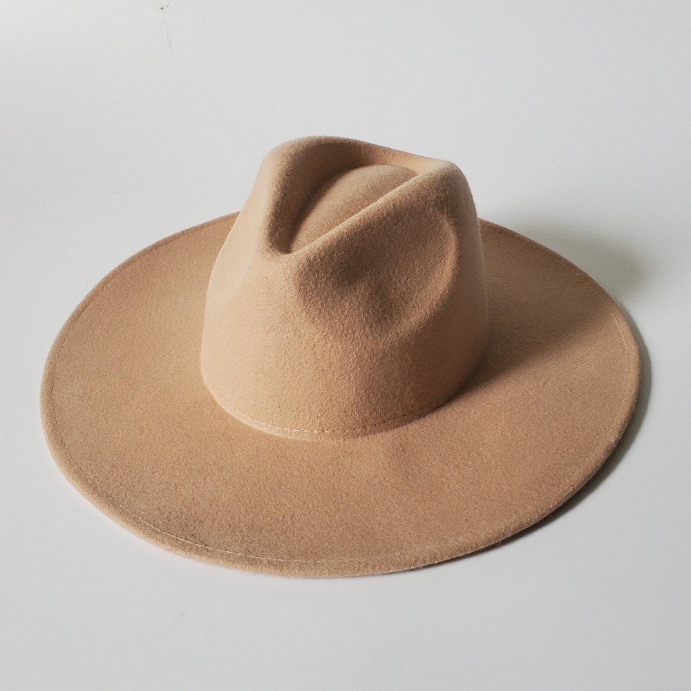 Fame Accessories Madison Wool Wide Flat Brim‎ Fedora Hat Beige NEW Boho Western
